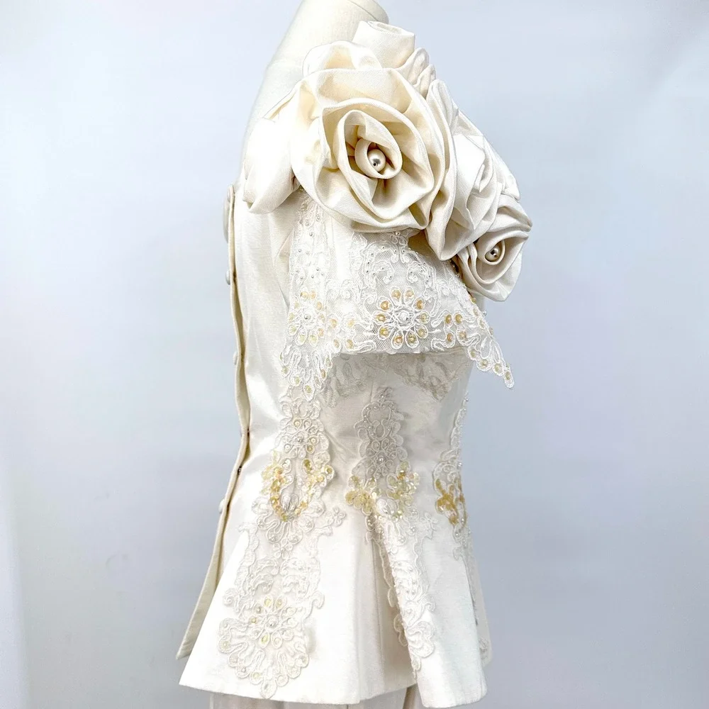 Vintage 80s Ivory Wedding Bridal Suit Set M Rosette Shoulder Lace Beaded‎